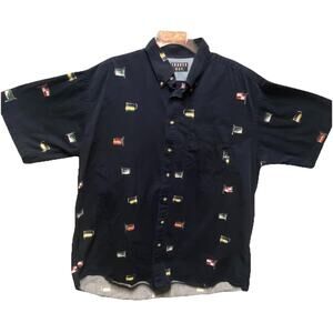Trader Bay Navy Button Up Short Sleeve Shirt Flag Print All Over XLT